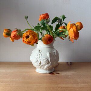 Vintage White Porcelain Vase with Embossed Roses & Gold Rim